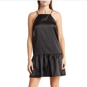 Maisie Monti Tiered Slip Dress Mini Satin Square Neck Drop Waist LBD Black M